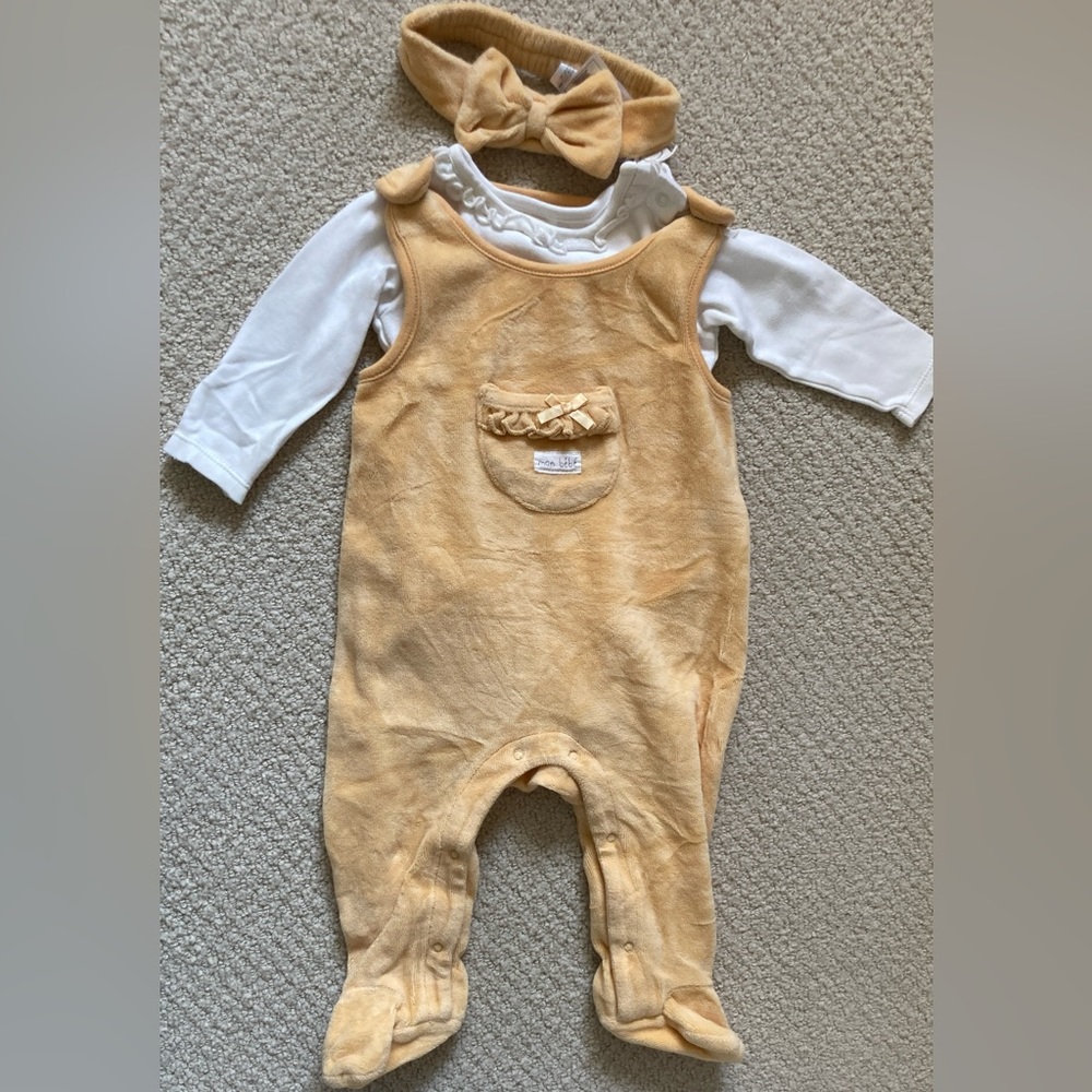 Baby Girl yellow 3 piece set, overalls, long sleeve onesie and headband